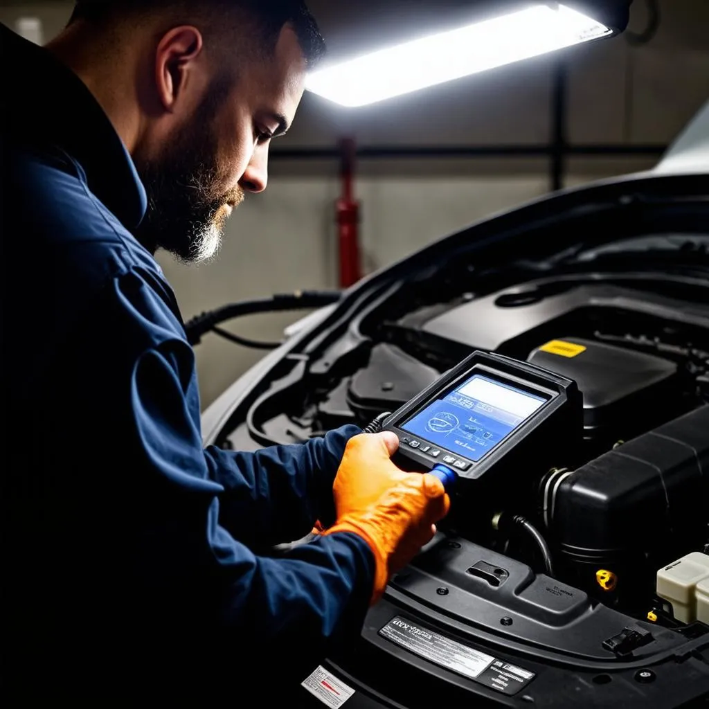 Mechanic Diagnosing Mercedes Engine